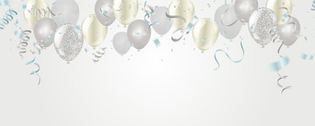 silver balloons, confetti and streamers on white background. Vector illustration Celebration templateのイラスト素材