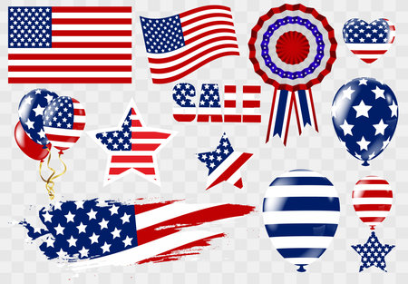 set of american flags and balloons isolated on transparent background, vector illustrationのイラスト素材