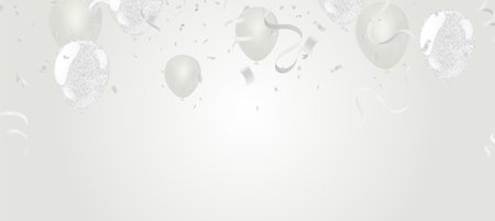 Silver balloons and confetti on a white background. Vector illustration.のイラスト素材