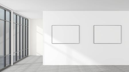 3D Mockup rendering. Office interior White walls and blank picture frames for mounting pictures Or advertising media Dark concrete office flooring It is a modern style decoration. の写真素材