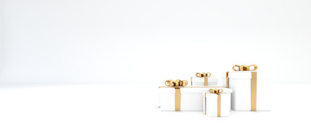 Happy New Year and Merry Christmas. Many gift boxes And pastel blue background Christmas set objects. poster, holiday banner, flyer, brochure, stylish greeting card.3D Renderingの写真素材