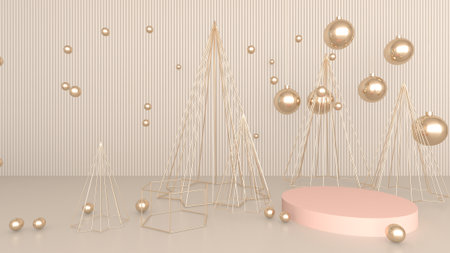 Happy New Year and Merry Christmas, Christmas Tree, Podium, or Showcase. With gift box And a light brown background. poster, holiday banner, flyer, brochure, stylish greeting card.3D Renderingの写真素材