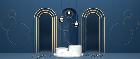 Abstract geometric background of blue decorations. Golden ball and round minimalist mockup for podium display or showcase, 3d rendering.の写真素材