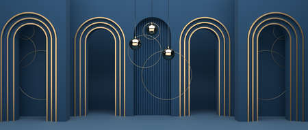 Abstract geometric background of blue decorations. Golden ball and round minimalist mockup for podium display or showcase, 3d rendering.の写真素材