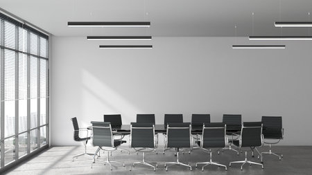 modern conference room Interior decoration with white wall tone and black chairs It is in a high-rise building with a view of the city outside. concept of office and modern style. 3D renderingの写真素材