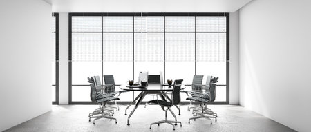 modern conference room decorates interior with white wall tone, black chairs, and laptop on table. It is in a tall building with a city view outside. Concept of office and modern. 3D renderingの写真素材
