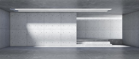modern concrete room space, floor, wall, and ceiling are concrete structures, empty rooms with wall background. Concept industrial space and building structures place products. 3D renderingの写真素材