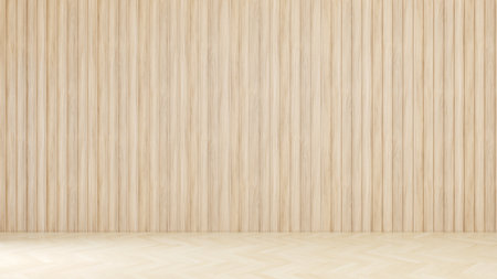 The room is empty, the walls are decorated with wood and parquet floors. The color scheme of the room gives a warm feeling. modern living room interior design ideas. 3D renderingの写真素材