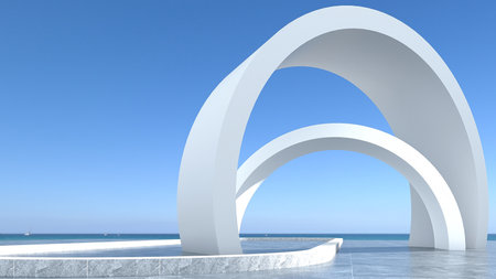 Modern white concrete space, floors, and walls are oval-shaped streamlined structures. background with a transparent sky Industrial concept modern structure to place the product. 3D renderingの写真素材