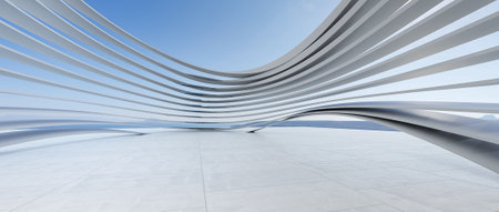 Modern concrete empty spaces, floors, and walls are oval-swaying metal structures. Background with transparent sky Industrial. Concept modern building structure to place the product. 3D renderingの写真素材