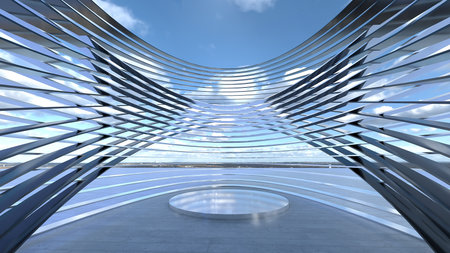 Modern concrete empty spaces, floors, and walls are oval-swaying metal structures. Background with transparent sky Industrial. Concept modern building structure to place the product. 3D renderingの写真素材