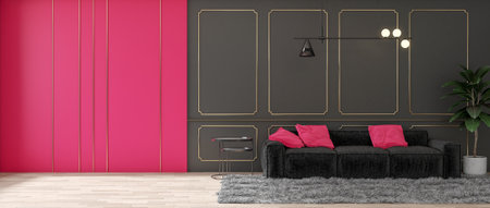 Luxury living room with wooden parquet floor, black and walls in viva magenta 2023 color decorated with golden borders, black sofa, colorful 2023 trend pillows. modern room design idea. 3D renderingの写真素材