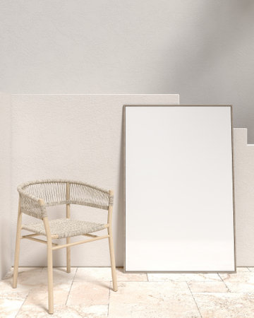 Interior wall, armchair and frame mockup for product presentation and advertising media, minimalist Mediterranean interior concept. and contemporary interiors. 3d renderingの写真素材