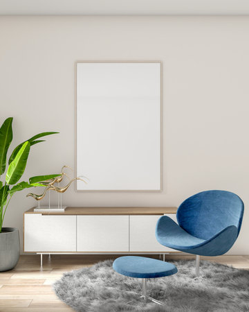 living room interior Armchairs are placed on top of a gray shag rug, low cabinets, frame mockup, and plants. Mediterranean minimalist interior design ideas. 3d renderingの写真素材