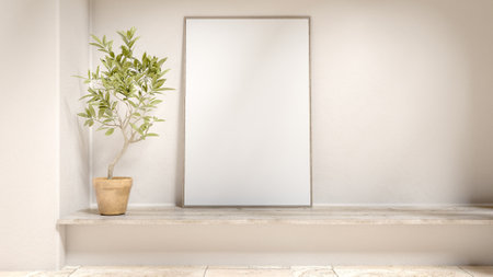Interior wall with empty space, plants, and frame mockup for product presentation and media advertising, minimalist Mediterranean interior concept, and contemporary interiors. 3d renderingの写真素材