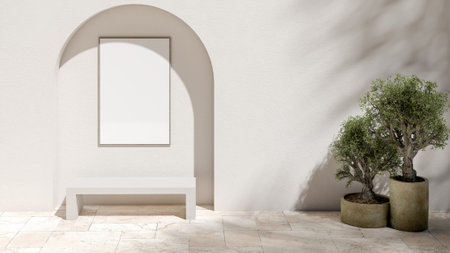 Interior wall of a curved building with frame mockup and plants. Minimal Mediterranean interior design concept. and contemporary interiors. 3d renderingの写真素材
