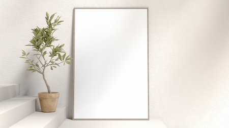 Interior wall with empty space, plants, and frame mockup for product presentation and media advertising, minimalist Mediterranean interior concept, and contemporary interiors. 3d renderingの写真素材
