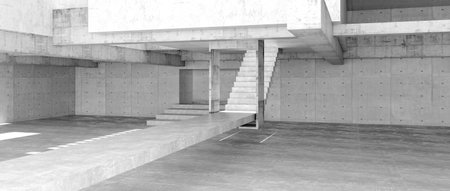 Modern concrete room space, floor, wall and stair are concrete structures. Empty room with wall background. Light and shadow on ground. Concept industrial space and warehouse structure. 3d renderingの写真素材