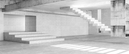Modern concrete room space, floor, wall and stair are concrete structures. Empty room with wall background. Light and shadow on ground. Concept industrial space and warehouse structure. 3d renderingの写真素材