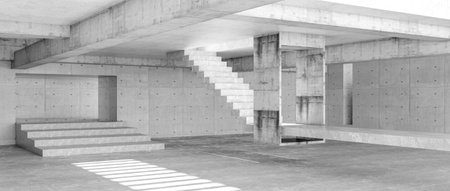 Modern concrete room space, floor, wall and stair are concrete structures. Empty room with wall background. Light and shadow on ground. Concept industrial space and warehouse structure. 3d renderingの写真素材