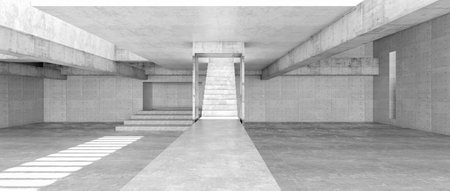 Modern concrete room space, floor, wall and stair are concrete structures. Empty room with wall background. Light and shadow on ground. Concept industrial space and warehouse structure. 3d renderingの写真素材