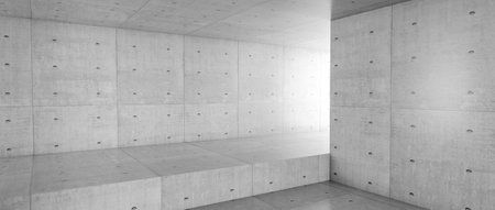 Modern concrete room space, floor, wall, and ceiling are concrete structures, empty rooms with wall background. Concept industrial space and building structures place products. 3d renderingの写真素材