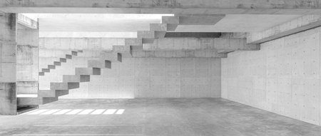 Modern concrete room space, floor, wall and stair are concrete structures. Empty room with wall background. Light and shadow on ground. Concept industrial space and warehouse structure. 3d renderingの写真素材