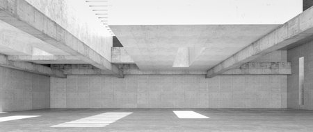 Modern concrete room space, floor, wall, and ceiling are concrete structures, empty rooms with wall background. Concept industrial space and building structures place products. 3d renderingの写真素材