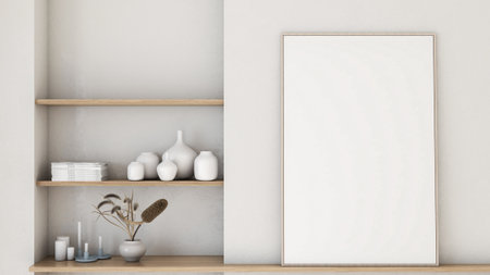 Poster frame mockup on the counter luxurious creamy white living room Modern minimalist interior design decoration style. Artwork concept mockup in interior design. 3D rendering, 3D illustration.の写真素材