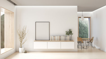 Cream white luxury living room wall poster frame mockup Modern minimalist interior design decoration style. Artwork concept mockup in interior design. 3D rendering, 3D illustration.の写真素材