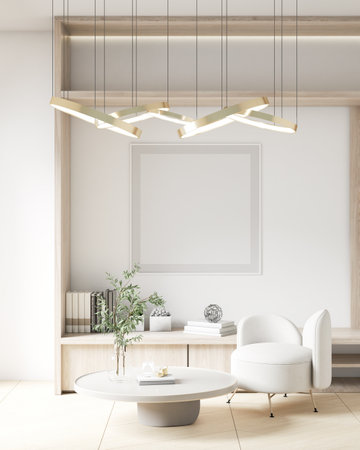 Cream white luxury living room wall poster frame mockup Modern minimalist interior design decoration style. Artwork concept mockup in interior design. 3D rendering, 3D illustration.の写真素材