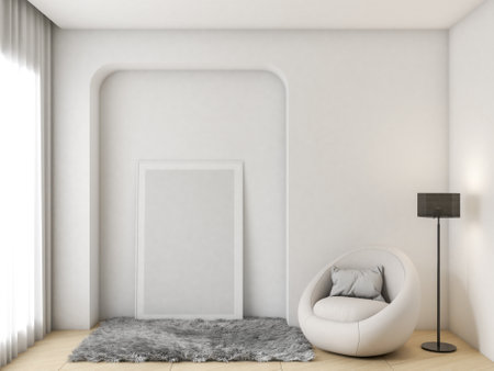 Cream white luxury living room wall poster frame mockup Modern minimalist interior design decoration style. Artwork concept mockup in interior design. 3D rendering, 3D illustration.の写真素材