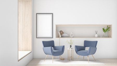 Cream white luxury living room wall poster frame mockup Modern minimalist interior design decoration style. Artwork concept mockup in interior design. 3D rendering, 3D illustration.の写真素材