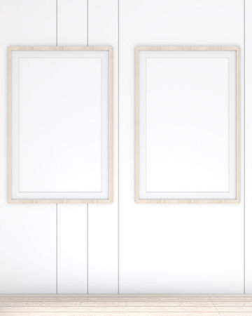 Two poster frame mockup on the counter luxurious creamy white living room Modern minimalist interior...