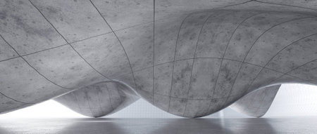 Empty interior floor hall, concrete surface structure Geometric shapes, curves, free form. 3D rendering, 3D illustration.の写真素材