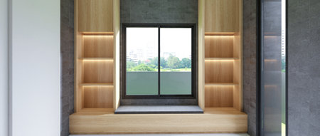 Picture inside the room Bookshelf, product display, showcase, living room or bedroom Decorated with wooden walls, window sills. 3D renderingの写真素材