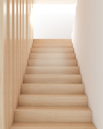 Wooden stairs leading to the light of success job duties and aims of business, dreams, life goals ladder to success concept. 3D renderingの写真素材