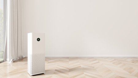 Minimalism bright and spacious empty room with wooden parquet flooring and natural light with a sunlit window, clean white wall, air purifiers, and heaters. 3D renderの写真素材
