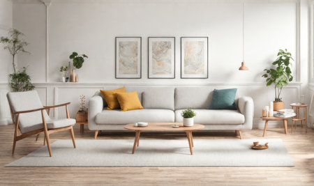 Interior design photo frame mock-up living room minimalist cozy Scandinavian style. sofa, tropical plant, pillows, blanket and lampの素材
