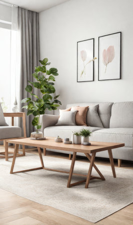 Interior design photo frame mock-up living room minimalist cozy Scandinavian style. sofa, tropical plant, pillows, blanket and lampの素材