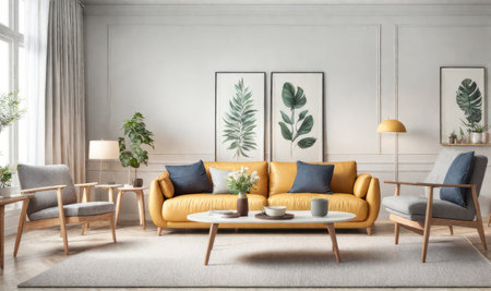 Interior design photo frame mock-up living room minimalist cozy Scandinavian style. sofa, tropical plant, pillows, blanket and lampの素材