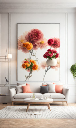 Interior design photo frame mock-up living room minimalist cozy Scandinavian style. sofa, tropical plant, pillows, blanket and lampの素材