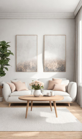 Interior design photo frame mock-up living room minimalist cozy Scandinavian style. sofa, tropical plant, pillows, blanket and lampの素材