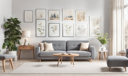 Interior design photo frame mock-up living room minimalist cozy Scandinavian style. sofa, tropical plant, pillows, blanket and lampの素材