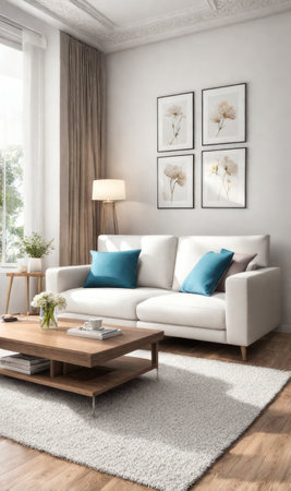 Interior design photo frame mock-up living room minimalist cozy Scandinavian style. sofa, tropical plant, pillows, blanket and lampの素材