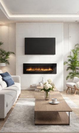 Interior design photo frame mock-up living room minimalist cozy Scandinavian style. sofa, tropical plant, pillows, blanket and lampの素材