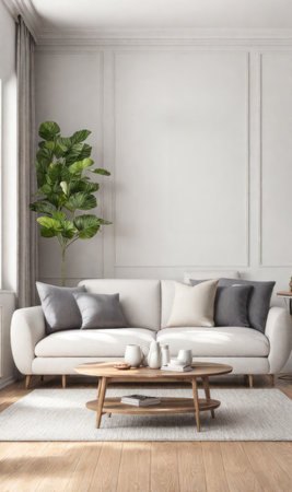 Interior design photo frame mock-up living room minimalist cozy Scandinavian style. sofa, tropical plant, pillows, blanket and lampの素材