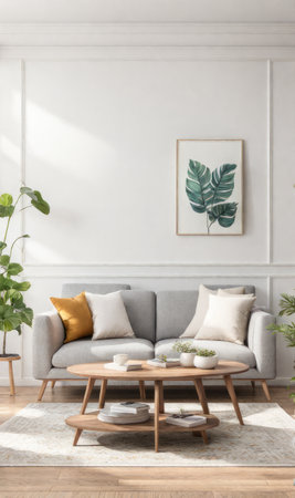 Interior design photo frame mock-up living room minimalist cozy Scandinavian style. sofa, tropical plant, pillows, blanket and lampの素材