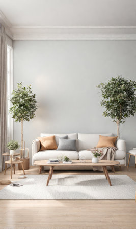 Interior design photo frame mock-up living room minimalist cozy Scandinavian style. sofa, tropical plant, pillows, blanket and lampの素材