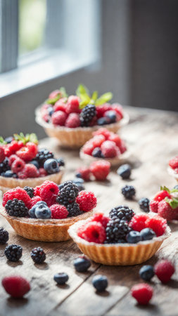 Fresh homemade fruit seasonal tart with strawberries and blueberries. Placed on plate on a wooden table next the window, delicious to eat, round by fruits. Selected and decorated with various types.の素材